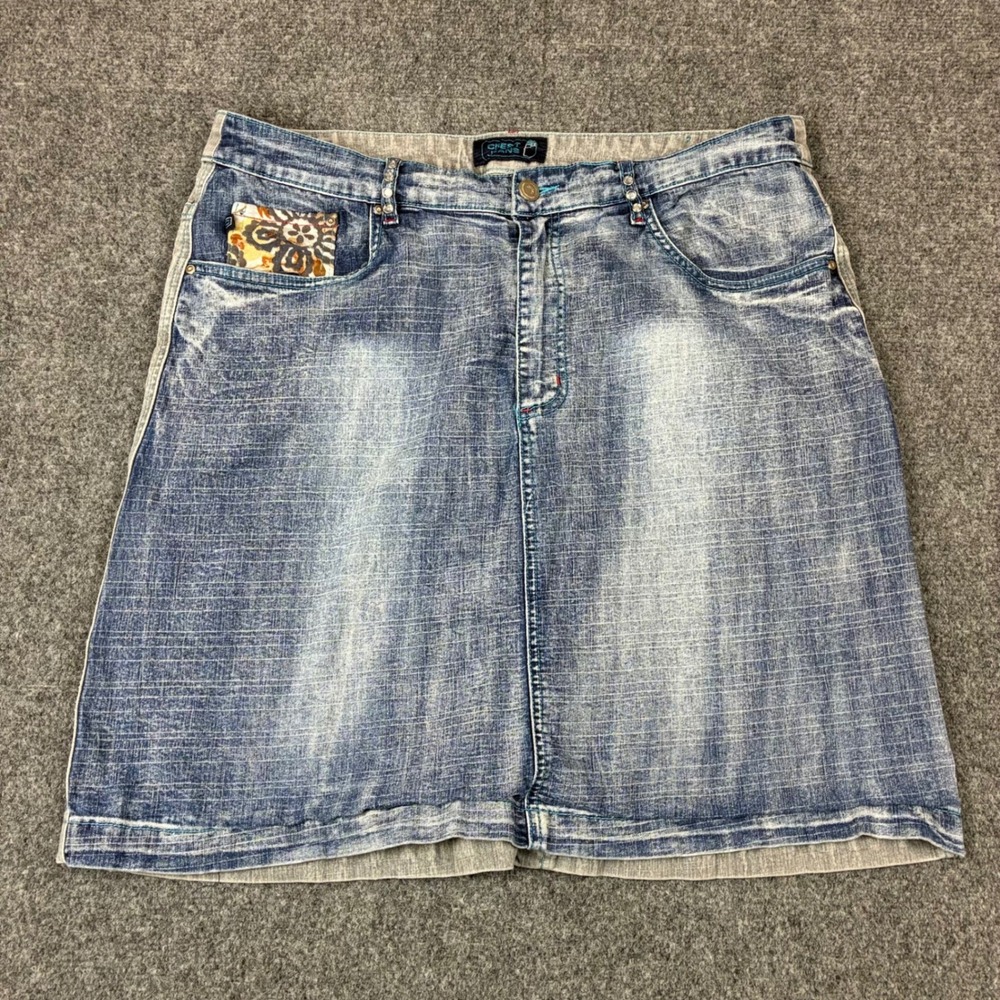 Crest Jeans Denim Mini Skirt Mixed Wash Rhinestone Y2K Blue Grey Size 18W